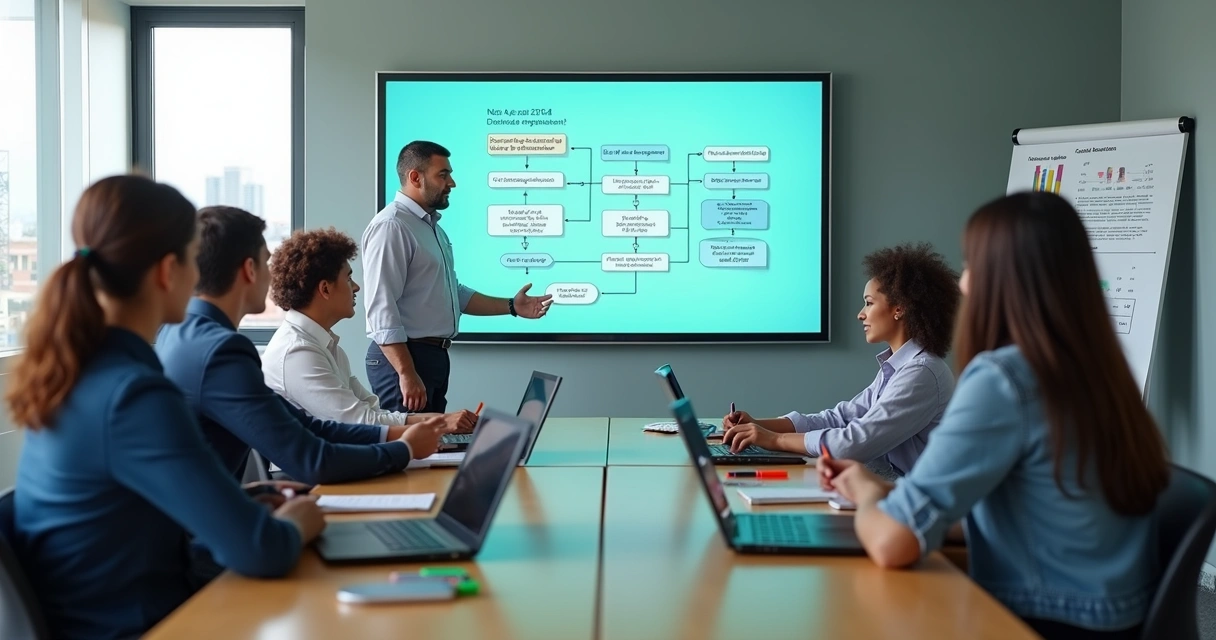 Turma adulta em sala de aula moderna estudando certificação financeira 