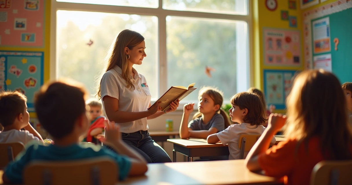 Professora mediando conto lido em voz alta com alunos atentos na sala 