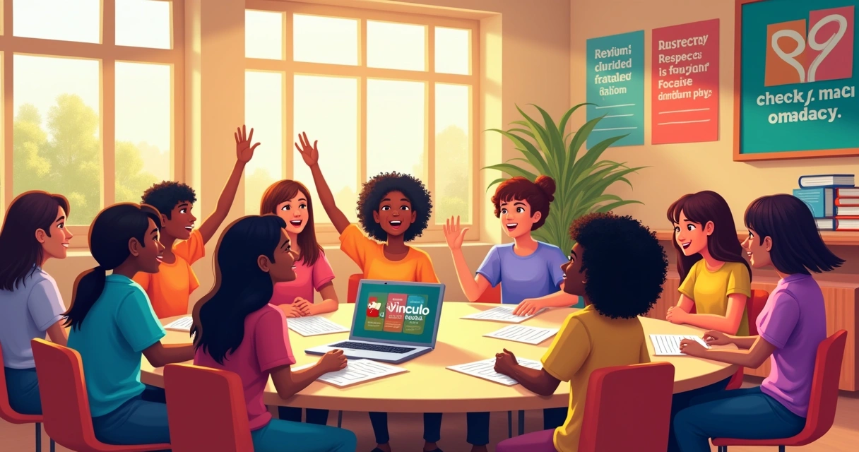 Estudantes diversos em uma sala de aula discutindo sobre experiências, promovendo respeito e empatia.