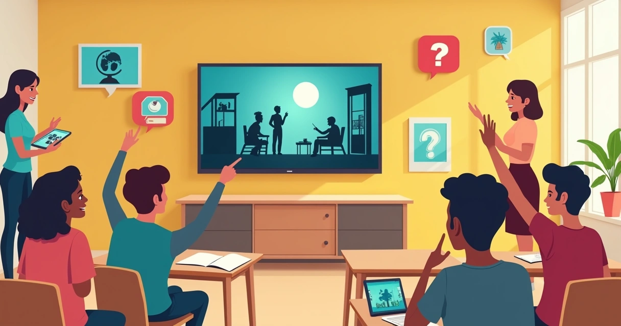 Alunos em sala de aula discutindo cena de série retrô projetada na lousa 