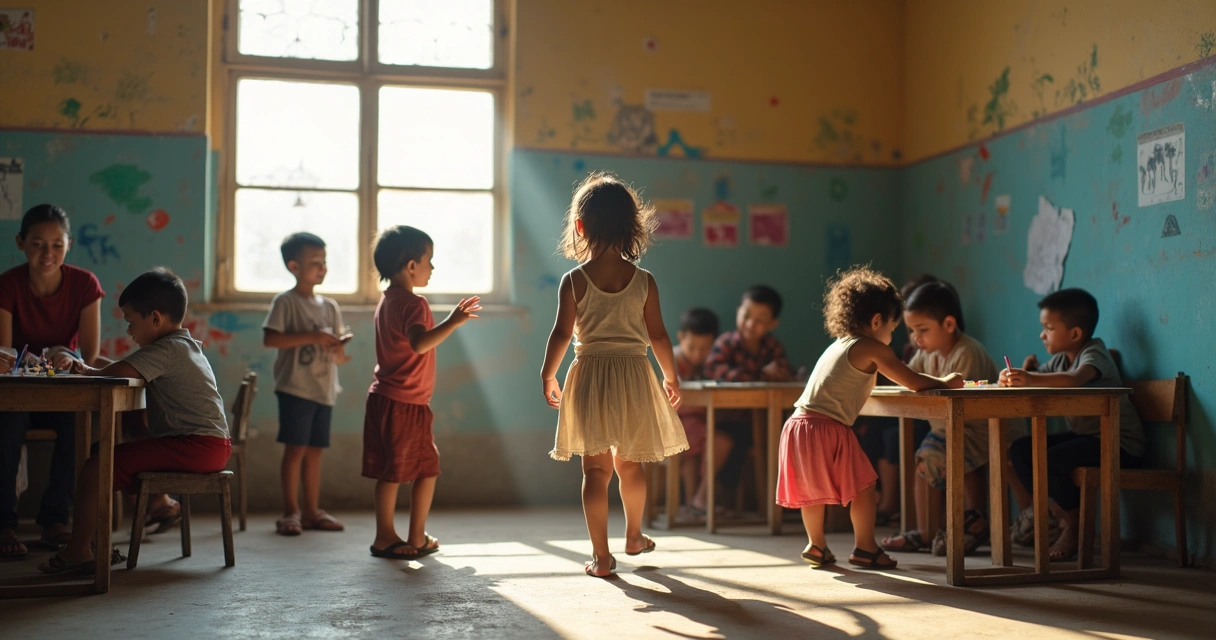 Sala de aula simples com crianças brincando felizes 
