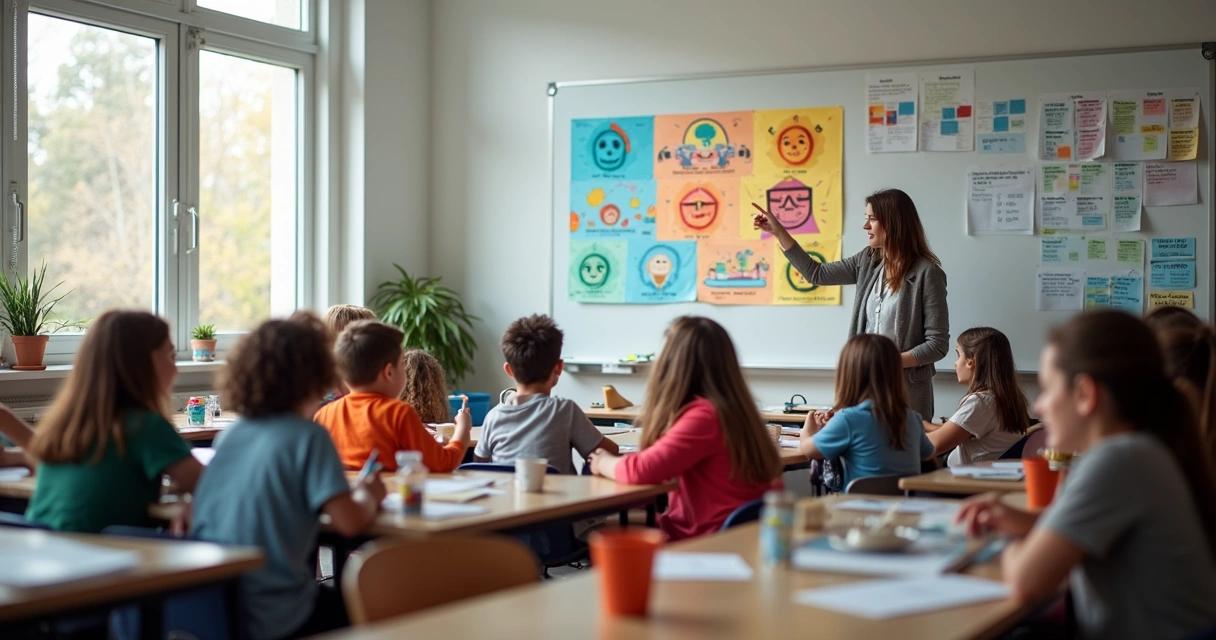 Sala de aula com painel de emoções e estudantes discutindo projeto 