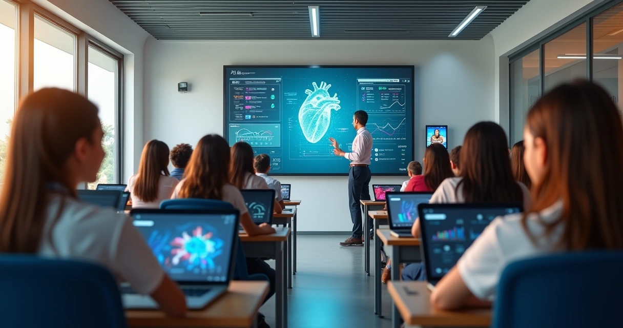 Sala de aula moderna com tecnologias digitais integradas ao ensino 