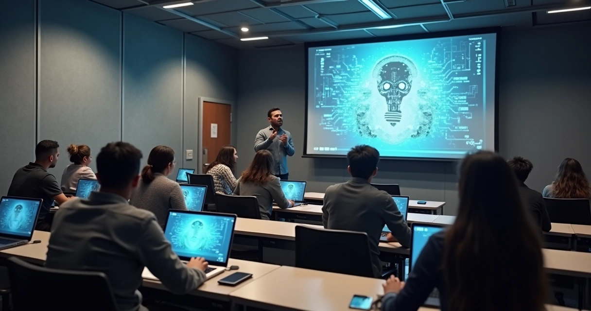 Sala de aula moderna com alunos usando notebooks e professor explicando inteligência artificial 