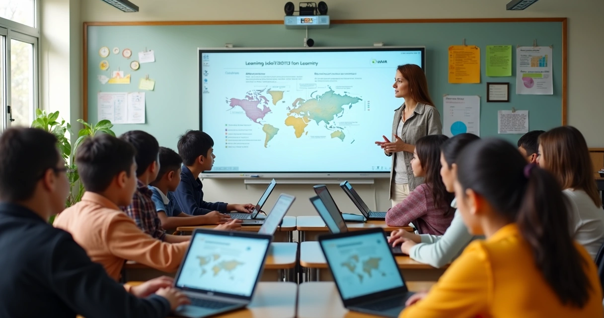 Professor orientando alunos em sala de aula com tecnologia digital 