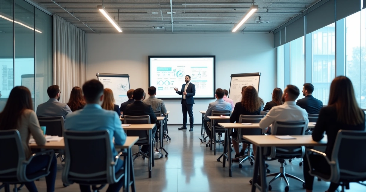Sala de aula moderna com equipe em treinamento empresarial
