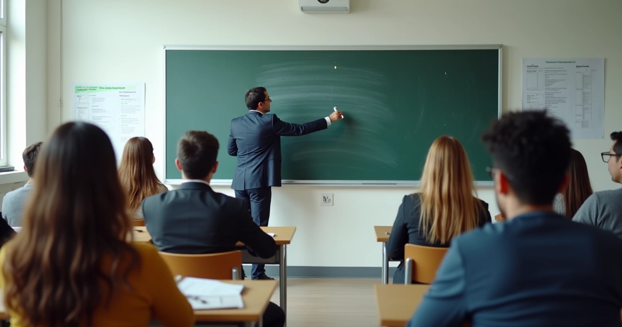 Sala de aula universitária em Portugal com alunos e quadro negro 
