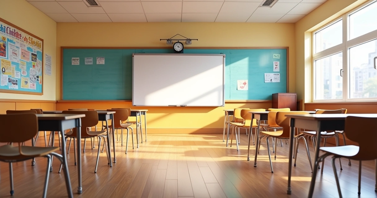 Sala de aula moderna vazia com carteiras arrumadas e cartazes educativos nas paredes 