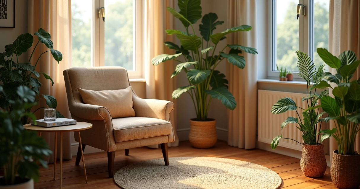 Ambiente calmo e organizado com poltrona confortável, plantas e iluminação suave 
