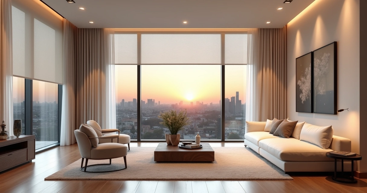 Sala de alto padrão no Batel com persianas sob medida e cortinas de tecido 