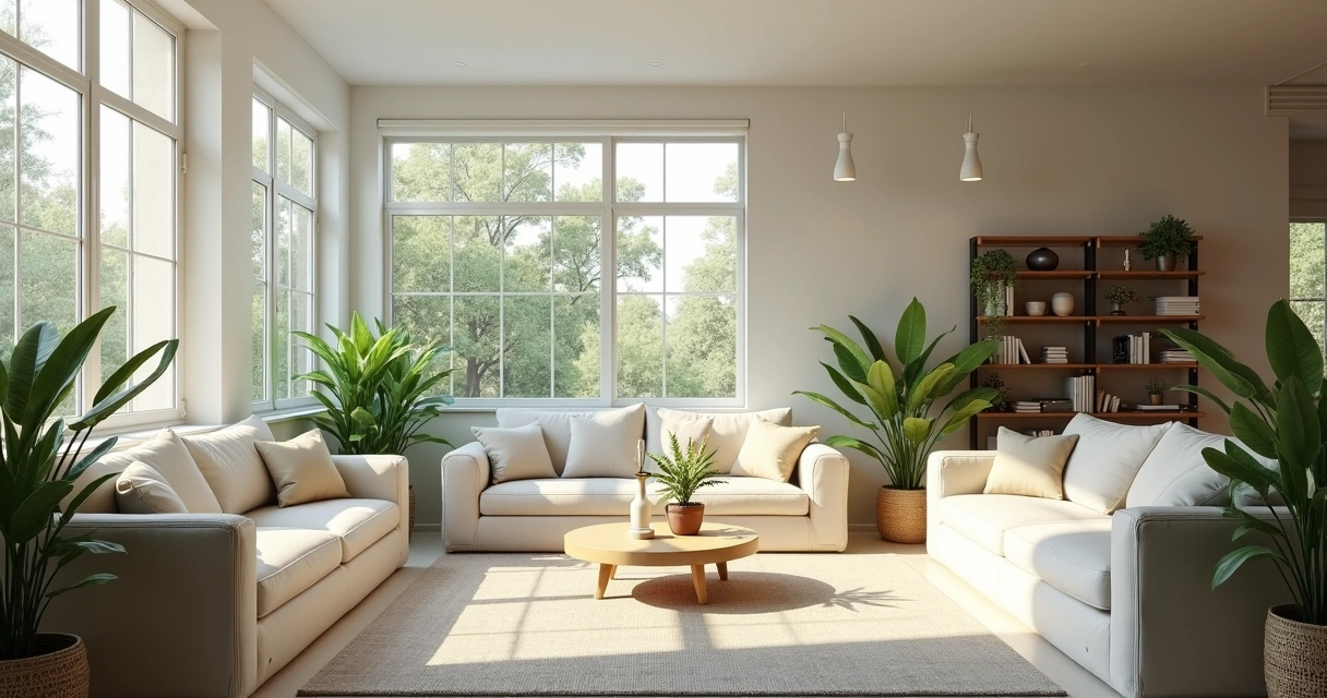 Sala iluminada com plantas naturais e móveis claros 