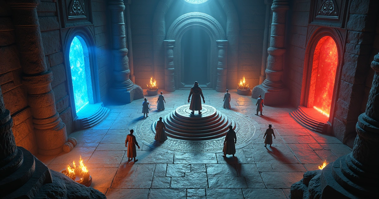 Entrada de sala de boss com portais mágicos nas laterais