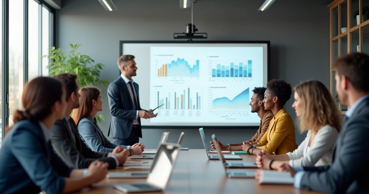 Sala de capacitação empresarial com colaboradores assistindo palestra