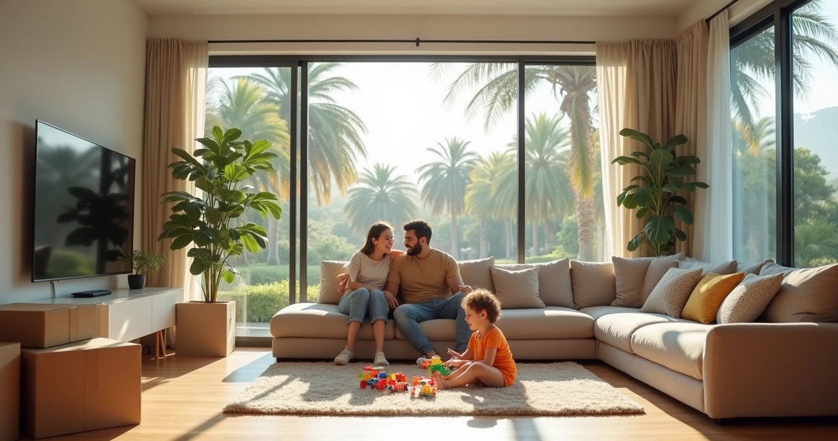 Sala de casa com família americana reunida 