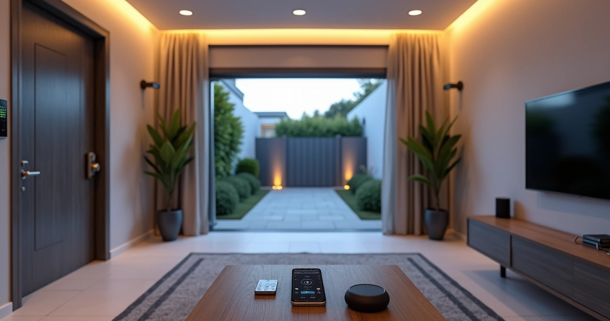 Sala moderna com dispositivos de automação e segurança residencial integrados 