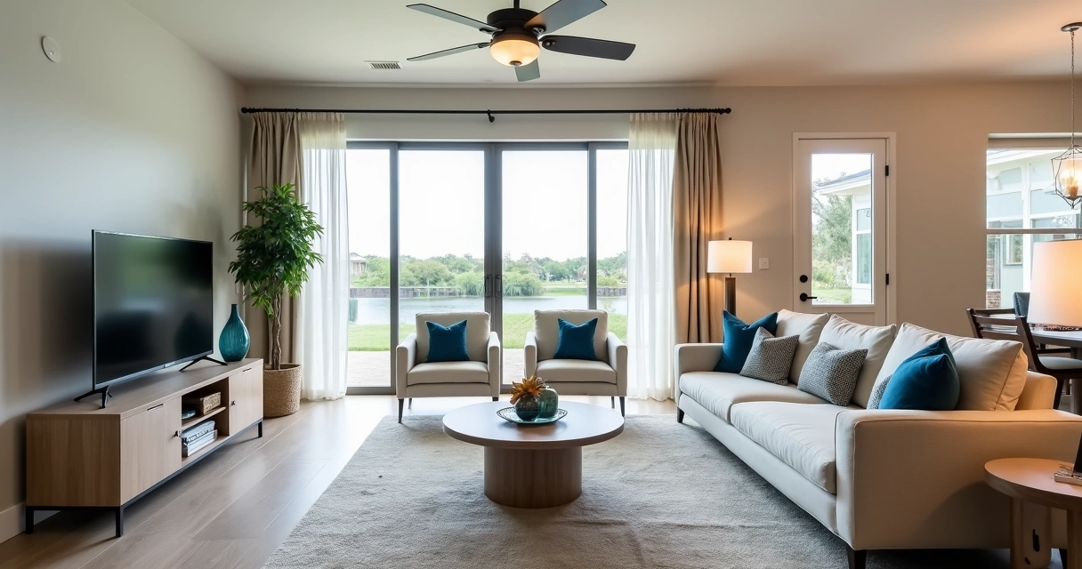 Sala de estar ampla de uma casa de temporada em Orlando, com móveis modernos. 