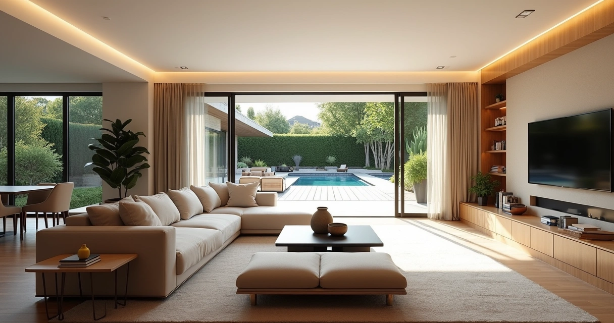 Sala ampla de uma casa moderna com decoração sofisticada em Paulínia 