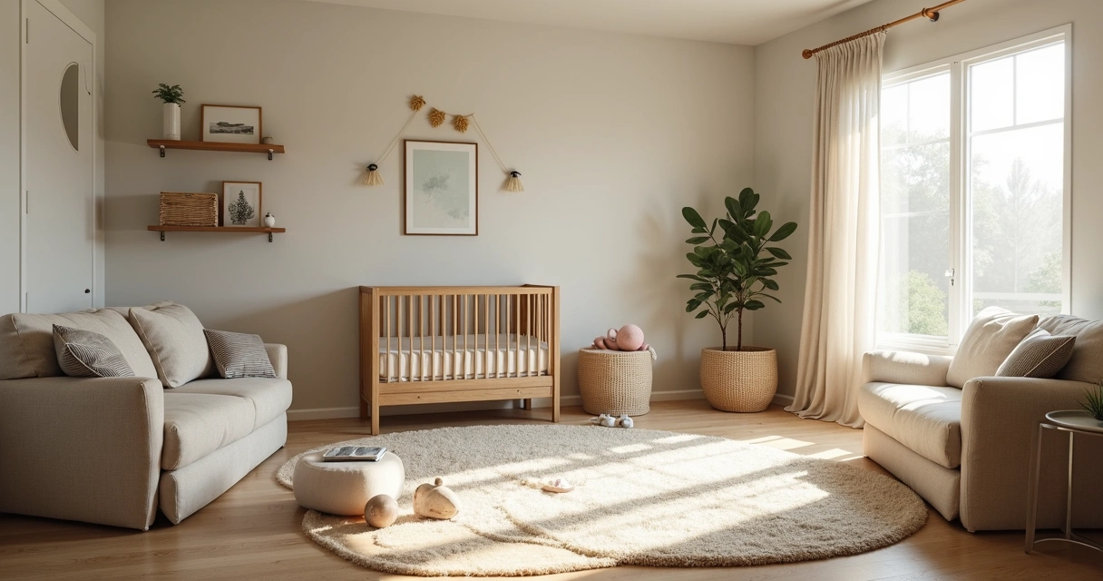 Sala de casa de temporada em Orlando organizada para bebê, brinquedos, berço e decoração tranquila 