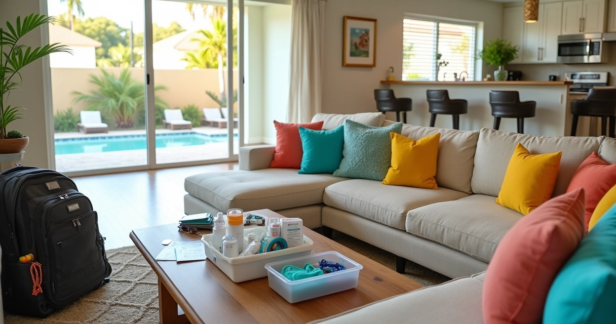 Sala de casa de temporada em Orlando com família brasileira organizando itens essenciais de viagem 