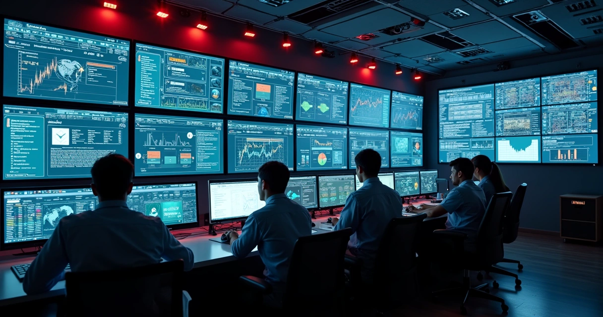 Equipe de tecnologia monitorando painéis de automações em telas grandes 