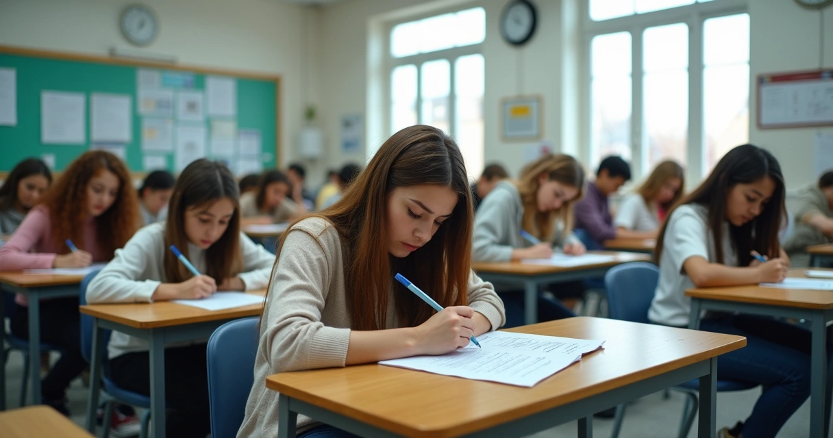 Sala de aula cheia de jovens simulando a prova do Enem 