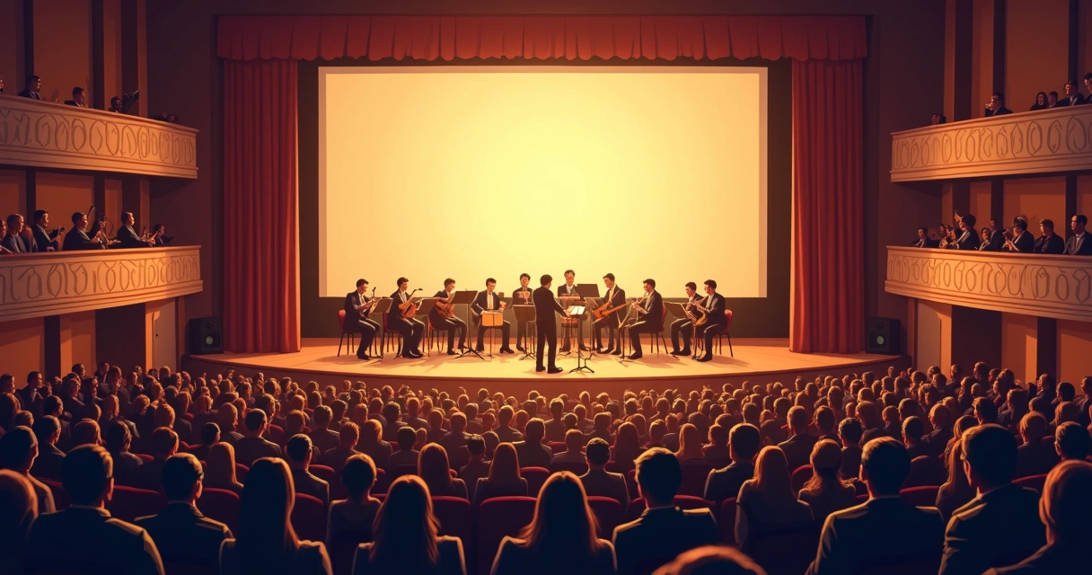 Sala de cinema clássica com orquestra tocando ao fundo