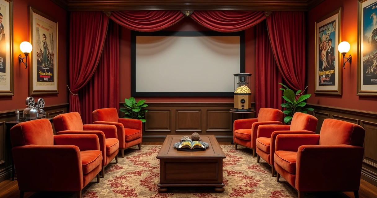 Sala decorada em estilo retrô com poltronas coloridas, pôsteres na parede e cortinas pesadas