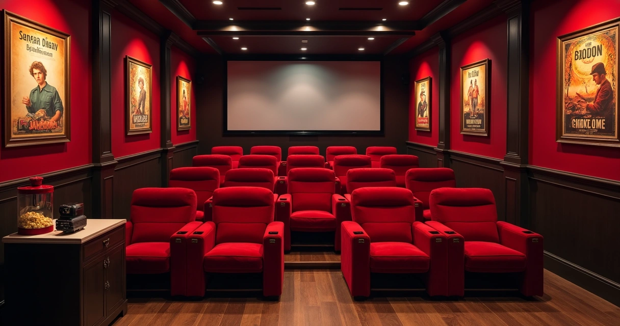 Sala de cinema caseira decorada em estilo retrô com poltronas antigas 