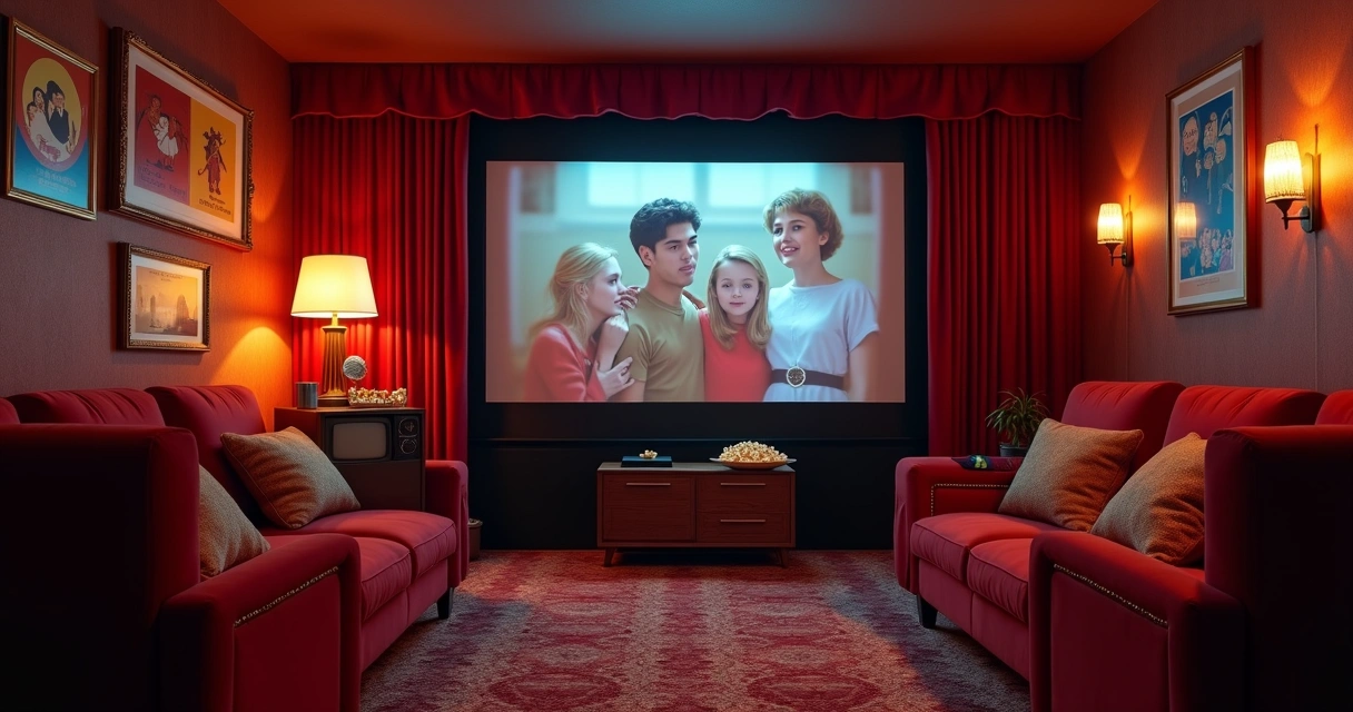 Sala de cinema retrô montada em casa para assistir séries clássicas 