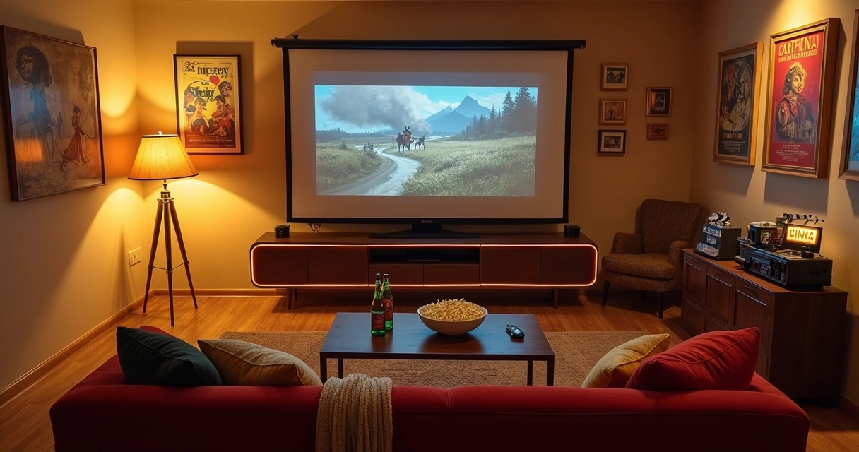 Sala de cinema retrô em casa com sofá vermelho, TV grande e pôsteres antigos na parede 