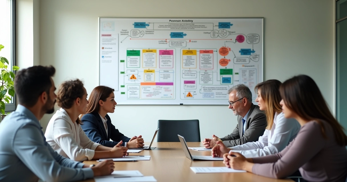 Reunião da CIPA analisando plano de ação de riscos ocupacionais 