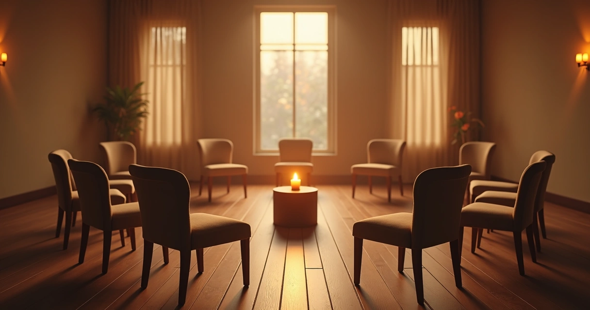 Cadeiras em círculo em uma sala tranquila com luz suave. 