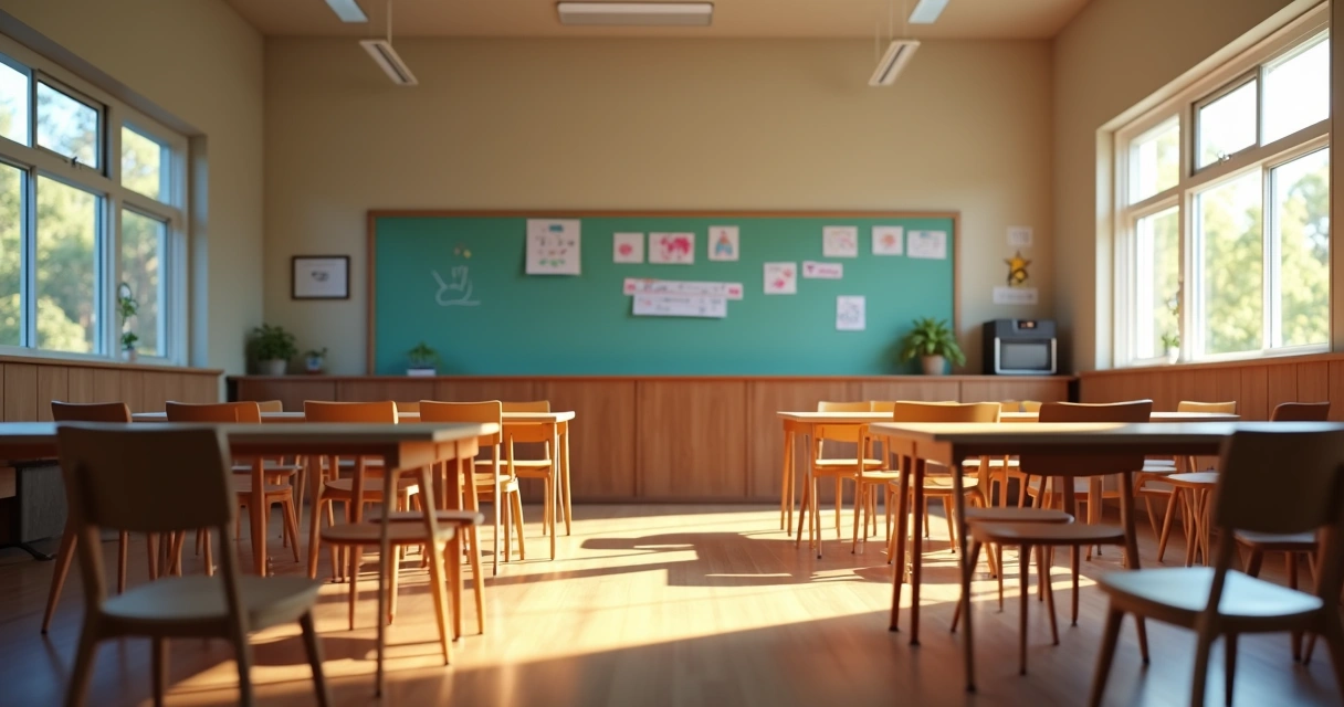 Cadeiras em círculo em uma sala de escola com iluminação suave 