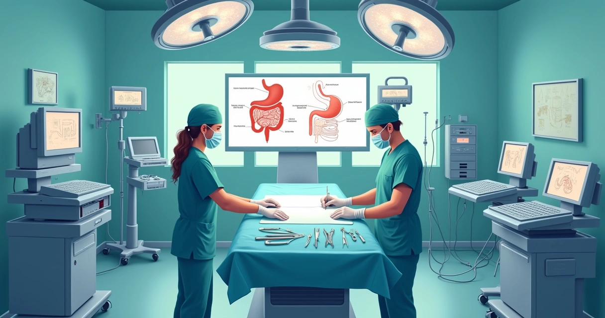 Ilustração detalhada de uma sala de cirurgia bariátrica, com equipe médica e equipamentos cirúrgicos.