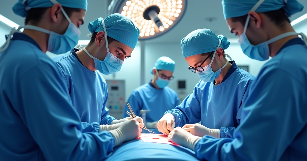 Sala de cirurgia com equipe médica realizando implante peniano 