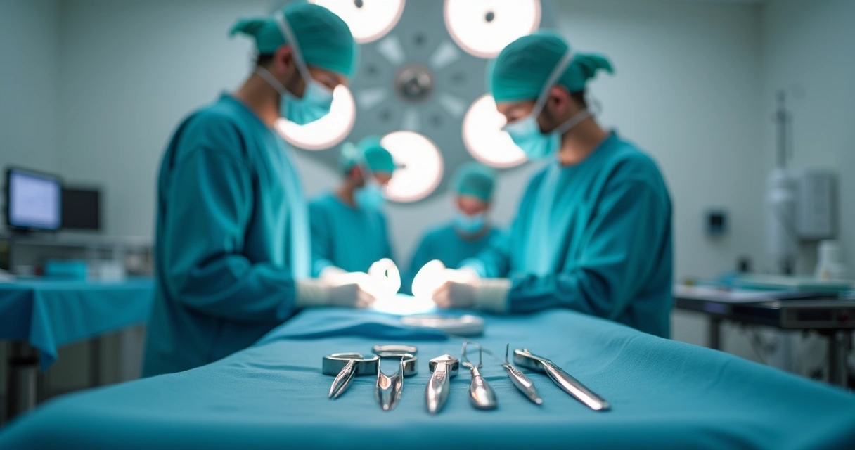 Sala de cirurgia peniana preparada e equipe médica ao fundo 