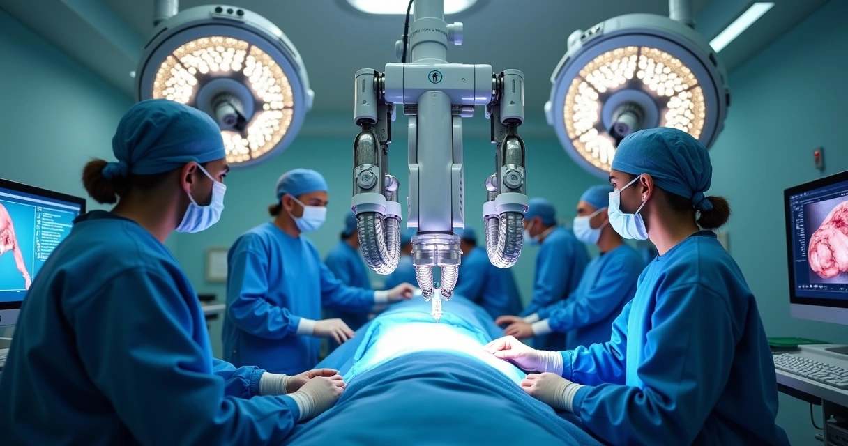 Sala de cirurgia com robô cirúrgico e equipe médica. 