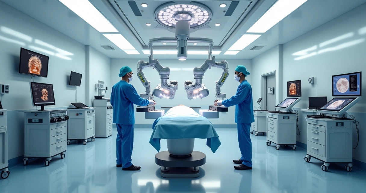 Sala de cirurgia com robô cirúrgico e equipe médica
