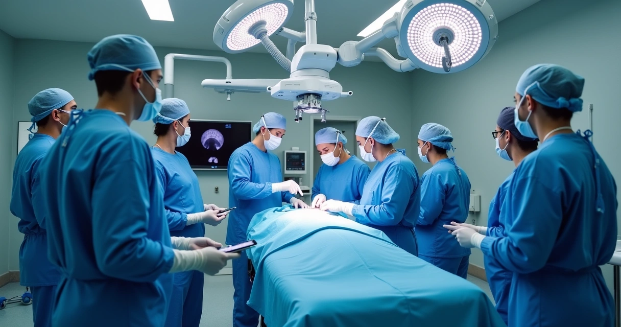 Sala de cirurgia equipada com robô Da Vinci e equipe médica preparada