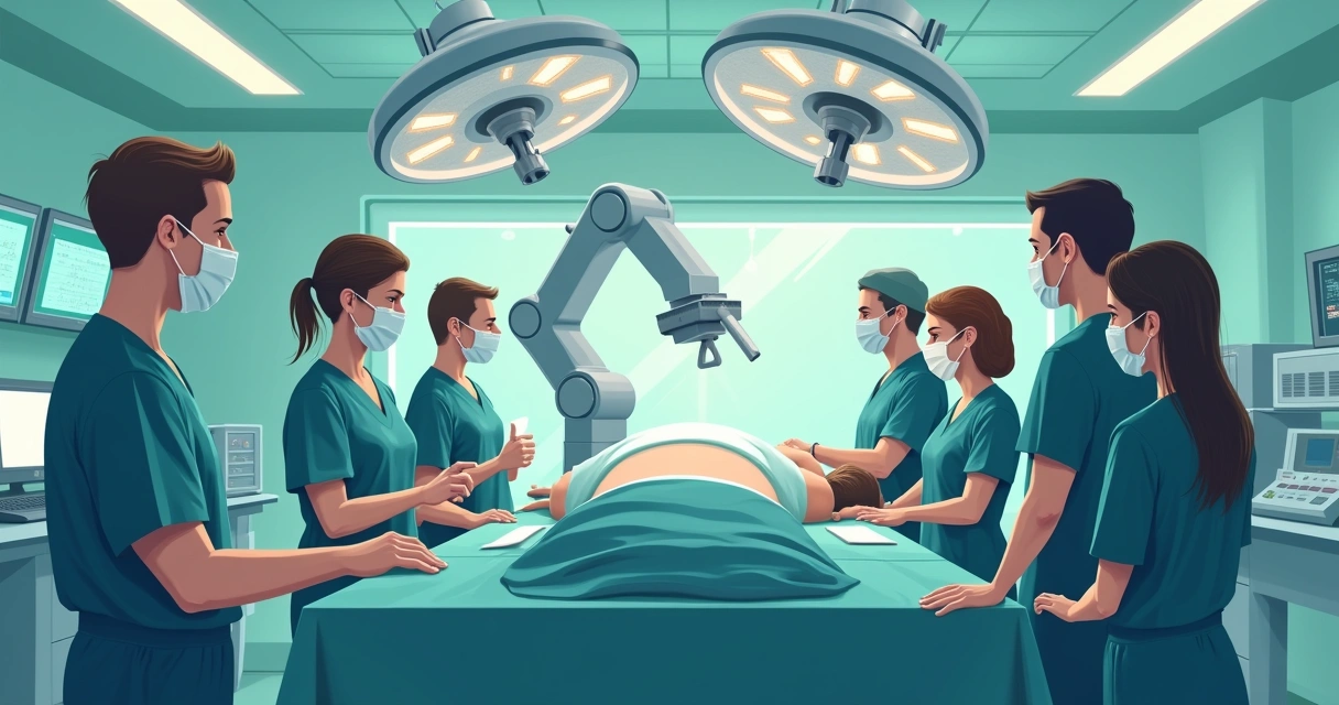 Ilustração de uma sala de cirurgia robótica bariátrica, com equipe médica profissional e equipamento avançado.