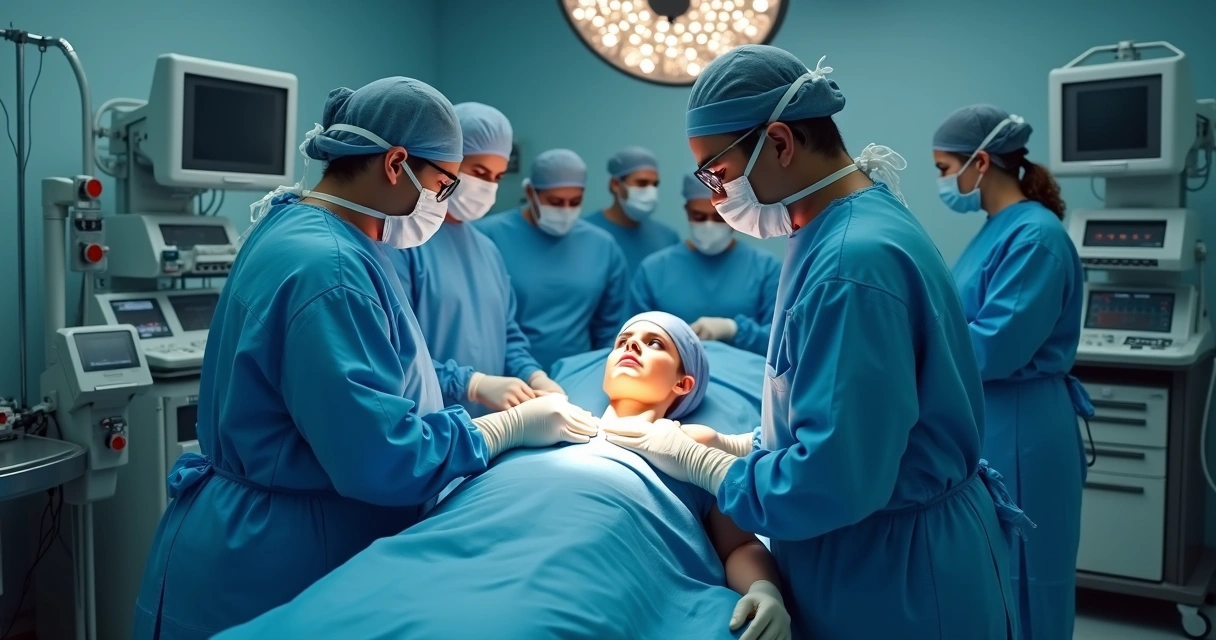 Cirurgia cesariana sendo realizada em hospital com equipe médica 