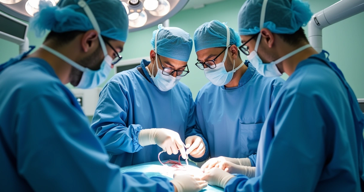 Equipe médica realizando cirurgia em ambiente hospitalar de alta tecnologia 