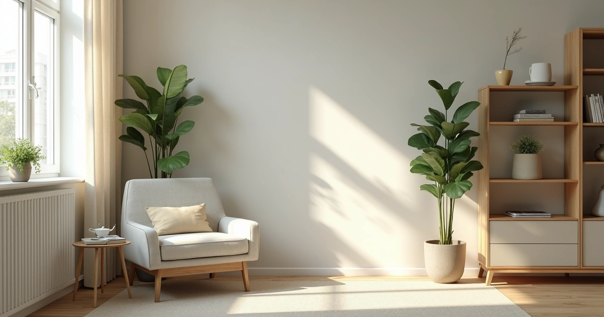 Sala iluminada com plantas e decoração simples 