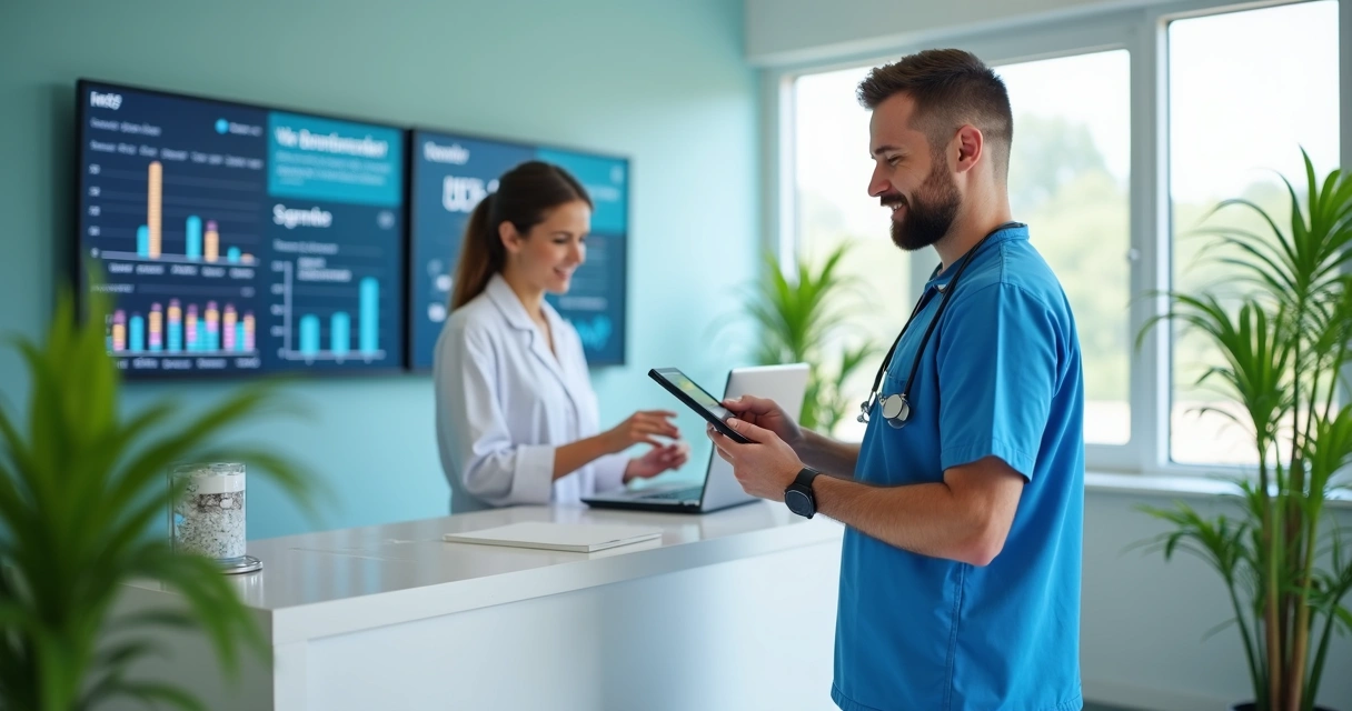 Dentista consultando prontuário em tablet na recepção de clínica dental 