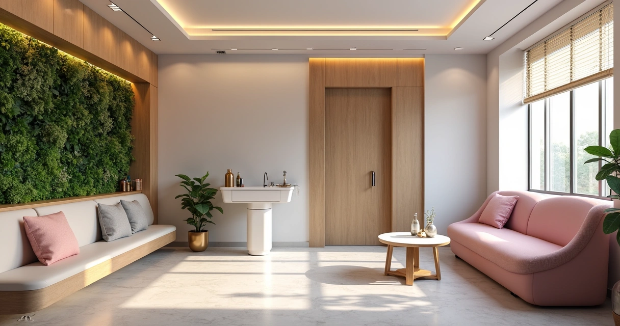 Sala de clínica de estética com decoração moderna e acolhedora 