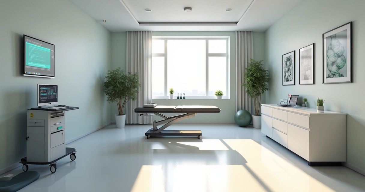 Sala moderna de fisioterapia com equipamentos e ambiente acolhedor 