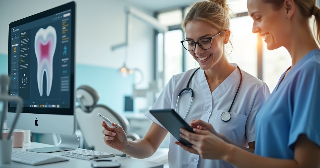 Clínica odontológica moderna com equipe usando software em computador e tablet 