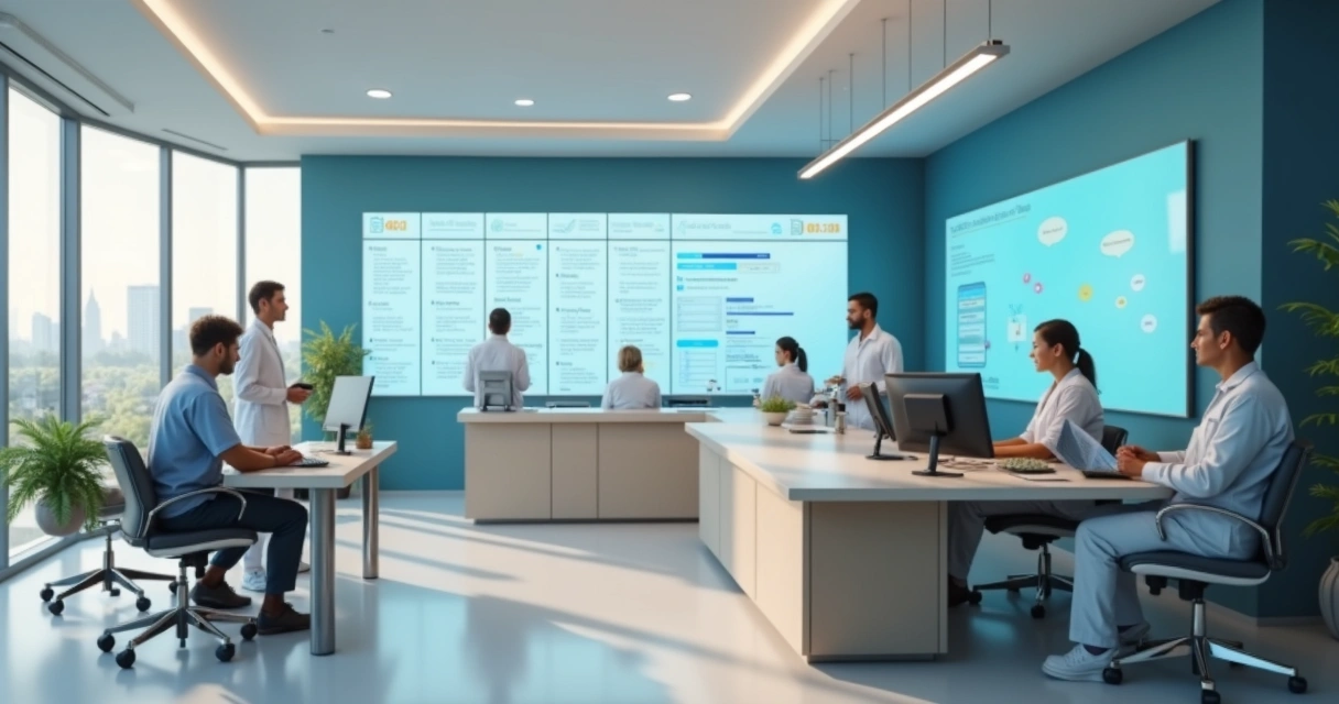 Sala de clínica organizada com computadores modernos e pacientes aguardando 