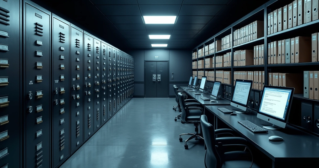Sala de cofre bancário com documentos e contratos arquivados 