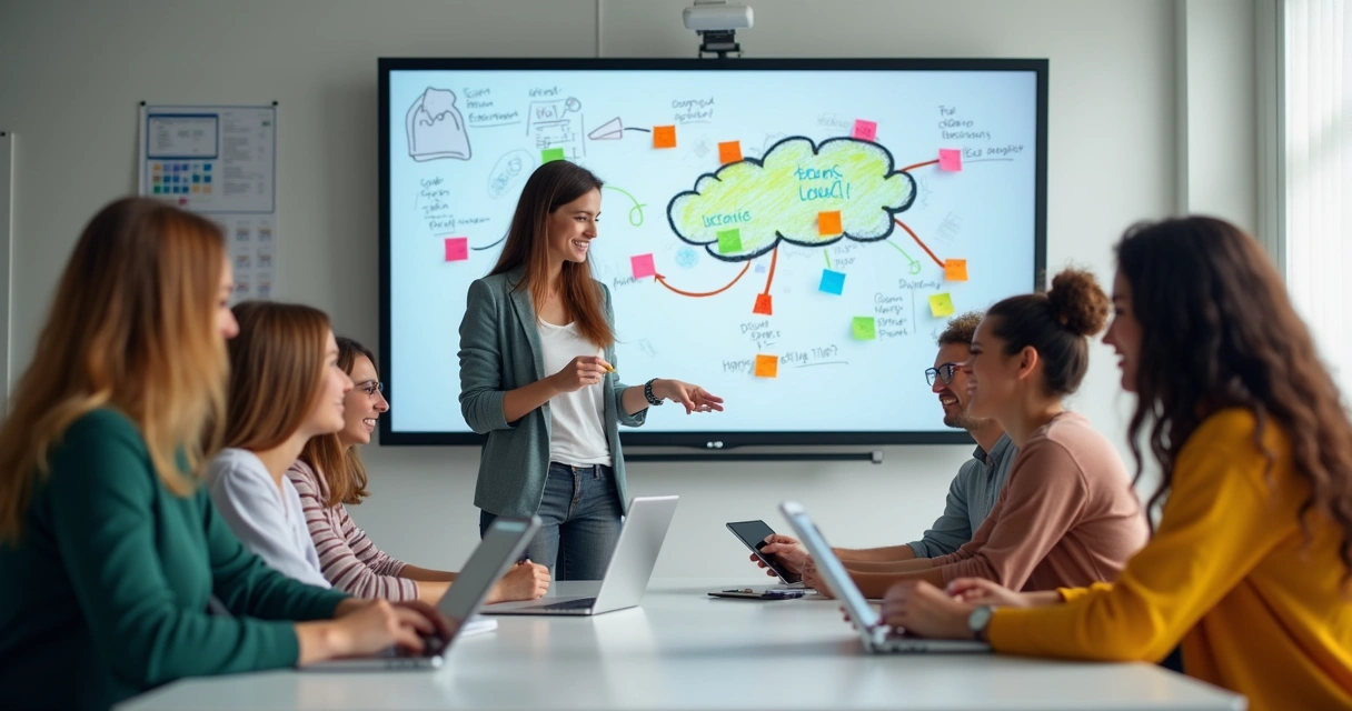 Alunos e professores interagindo em uma sala de aula digital com lousa virtual e tablets 